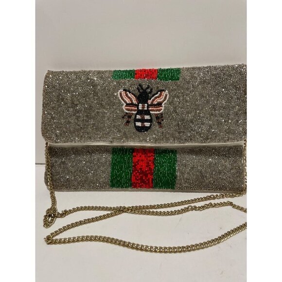 BEADED BEATIFULL CLUTCH ELEGANT SILVER RED GREEN PURSE BEE DESIGNS MULTI COLOR - Picture 1 of 9